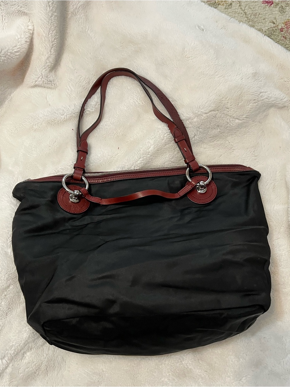 Ralph Lauren Black Tote with Burgundy Trim Shoulder Bag